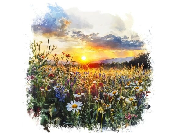 Download 10 Sunset Wide Field Wildflowers Clipart - Set Collection